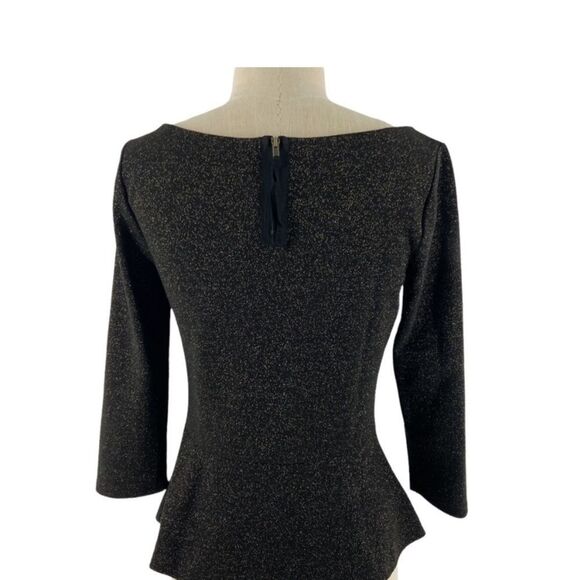 Loft Peplum Sparkle 3/4 Sleeve Black & Gold Shimmer Blouse Career Top size XS - Picture 2 of 15